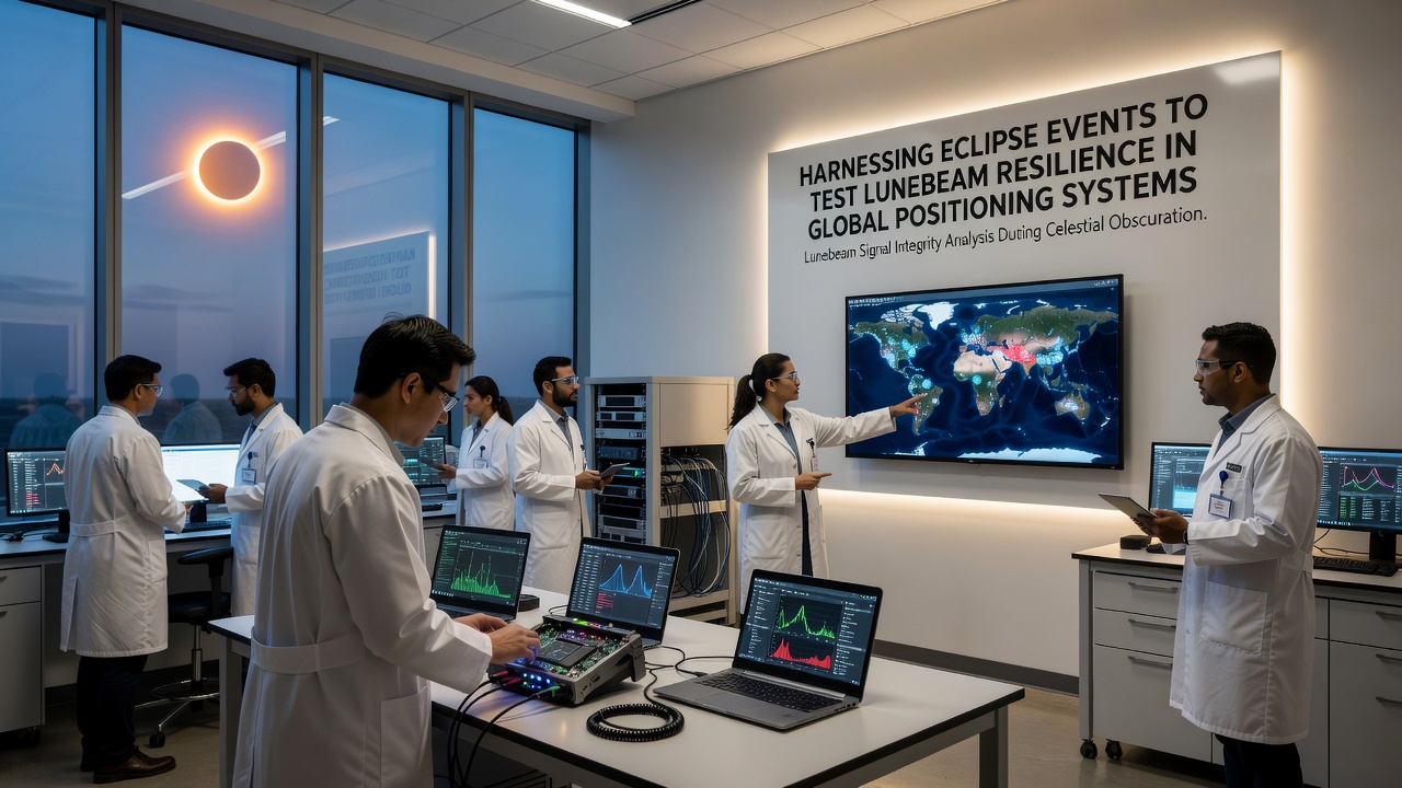 Ground station technicians analyzing real-time Lunebeam and GPS signal overlays during an October 2026 eclipse simulation